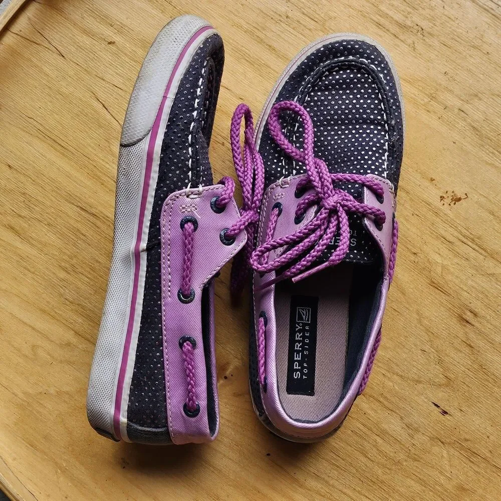 Sperry Girls Top-Sider Bahama Navy/Purple Dot Us 2.0M boat Shoes preppy slip-on